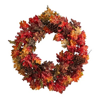 Nearly Natural 24” Autumn Maple, Berries and Pinecone Fall Artificial Wreath