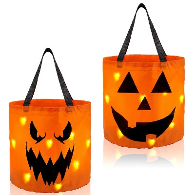 Joyfy 2 PCS LED Light Halloween Trick-or-Treat Bags Halloween Party Favors Birthday Decoration Orange Pumpkin Buckets Reusable Goody Candy Bucket