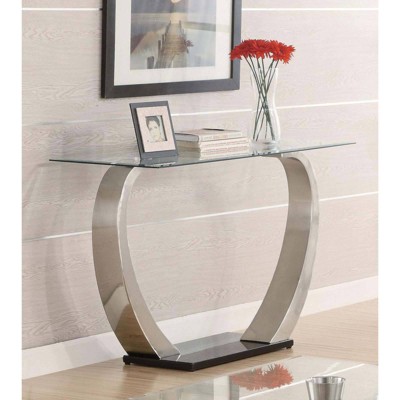 Modern Satin Metal and Glass Sofa Table with Storage