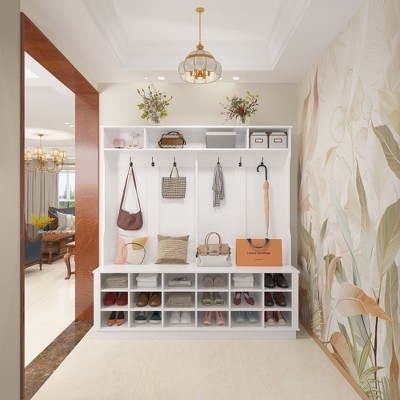 White MDF Wide Hall Tree with Shoe Cubbies and Hooks