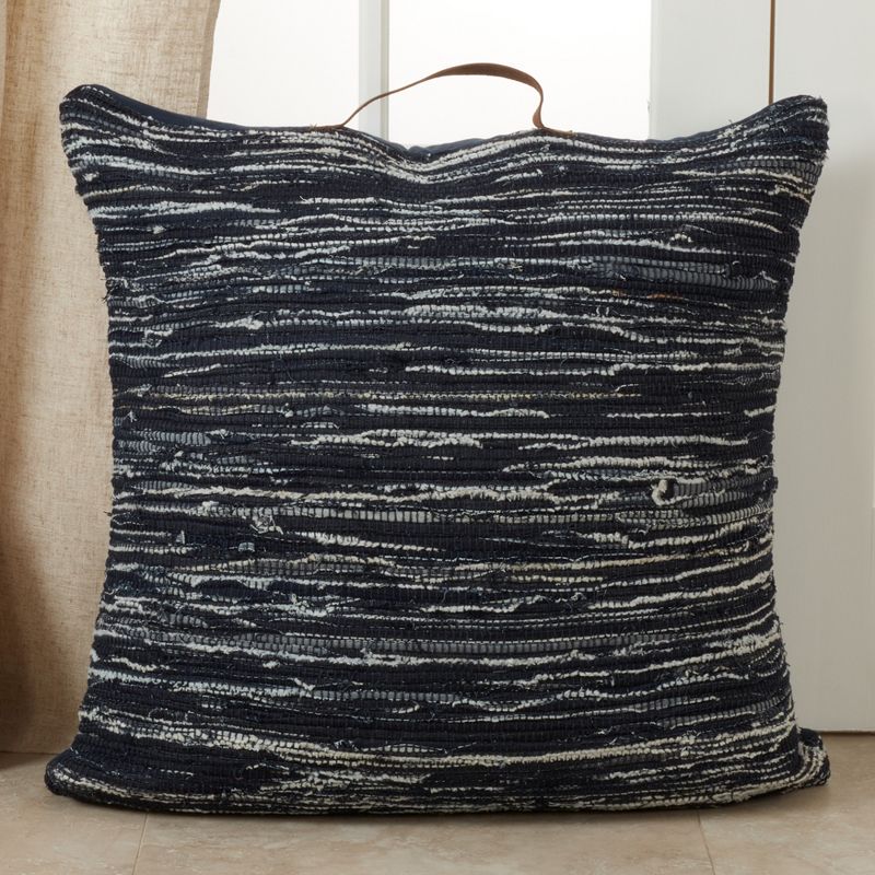 Saro Lifestyle Denim Chindi Floor Pillow - Down Filled, 30" Square, Navy Blue, 3 of 4