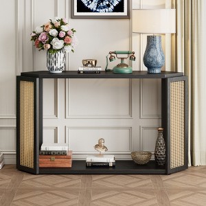 Narrow Console Table with Irregular Arrow-Shaped Top, Open Shelf & Rattan Accents, Entryway and Sofa Table for Hallway, Living Room - 1 of 4