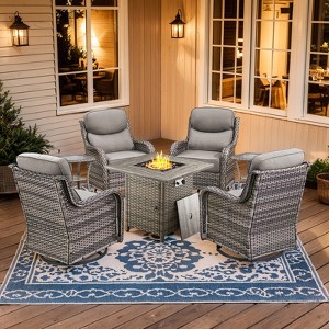 Buenhomino 7 Pieces Outdoor Patio Furniture Set with 30" Square Fire Pit Table, Rattan Wicker Swivel Rocker Chairs Sets - 1 of 4