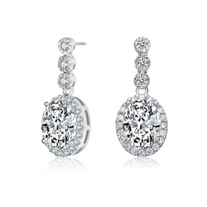 Guili Sophisticated Sterling Silver with Rhodium Plated Clear Oval and Round Cubic Zirconia Halo Drop Earrings Refined and Elegant Design - 1 of 3
