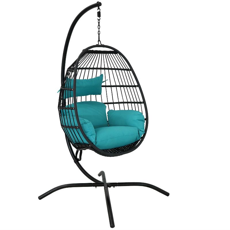 Sunnydaze Outdoor Resin Wicker Patio Dalia Hanging Basket Egg Chair with Cushions, Headrest, and Steel Stand Set - Teal - 3pc, 1 of 13