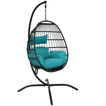 Sunnydaze Outdoor Resin Wicker Patio Dalia Hanging Basket Egg Chair with Cushions, Headrest, and Steel Stand Set - Teal - 3pc