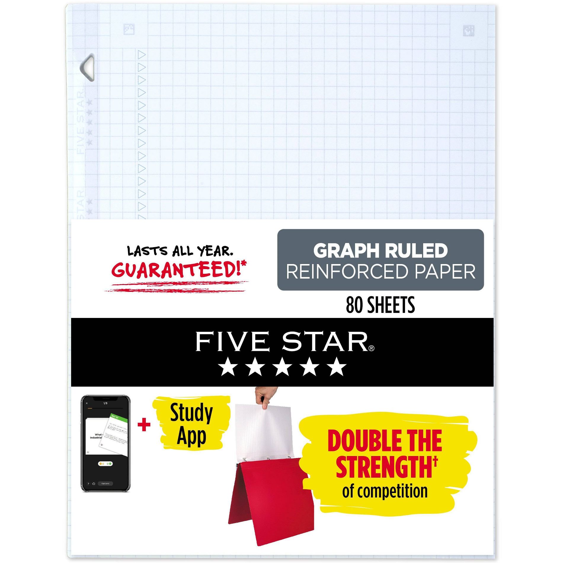 Five Star 80ct Graph Ruled Reinforced Filler Paper: 8.5 x 11 Inch White Loose Leaf, Graph Page, Stationery Supplies