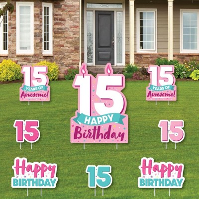 Big Dot of Happiness Girl 15th Birthday - Yard Sign and Outdoor Lawn Decorations - Teen Birthday Party Yard Signs - Set of 8