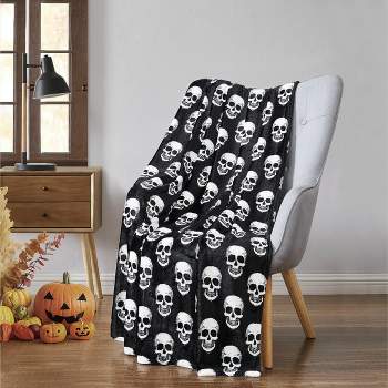 Kate Aurora Oversized Halloween Spooky Skeleton Skulls Plush Fleece Throw Accent Blanket - 50 in. W x 70 in. L