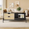 Mid-Century Modern Rattan Coffee Table, Wooden Living Room Center Table with 4 Storage Drawers & Open Shelf, Farmhouse Boho Style - 2 of 4