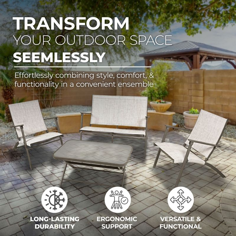Four Seasons Courtyard Novara 4 Piece Steel Folding Outdoor Conversation Set with 2 Folding Chairs, 1 Loveseat, and 1 Table, Tan/Espresso, 3 of 7