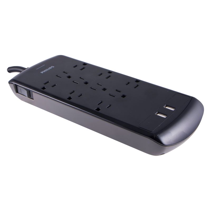 Philips 10-Outlet 2 USB Port Surge Protector with 6ft Extension Cord, Black, 4 of 13