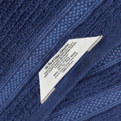 Navy Blue Cotton Ribbed Geometric Border Bath Towel Set of 3