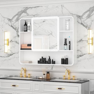 FAMYYT 35 in. W x 28 in. H Rectangular Aluminum Medicine Cabinet with Mirror and Light, Dimmable, Defogger, White - 1 of 4