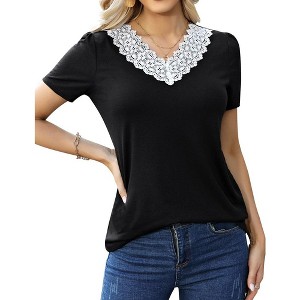 Womens Lace V Neck Short Sleeve Shirts Summer Tunic Blouse for Women T-Shirts - 1 of 4