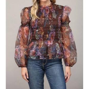 Women's Floral Print Smocked Peplum Top - Fate - 1 of 4