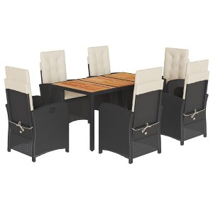 vidaXL 7 Piece Patio/Outdoor/Garden Dining Set - Black PE Rattan, Adjustable Reclining Chairs w/Cushions & Glass Top Table, for Yard - 1 of 4