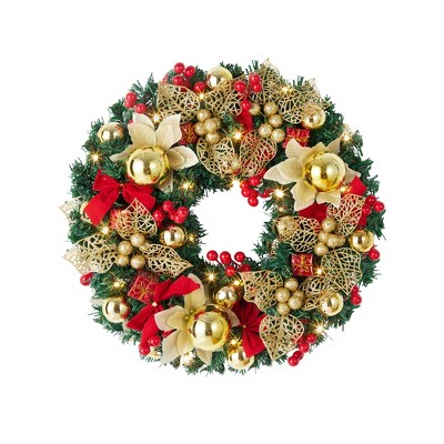 18-inch pre-lit Christmas wreath, Christmas decoration with lights, ornaments, berries, and bow, suitable for front door, wall, and window