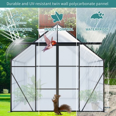 Outdoor 8x6 FT Greenhouse, Double Door Polycarbonate Greenhouse, Heavy Duty Greenhouse with Aluminum Frame and Roof Vent-Coolbibila