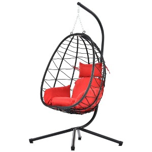 Infurnic Patio Swings, Hanging Egg Swing Chair with Stand and Soft Seat Cushions, Swinging Seat for Balcony Backyard Garden, Red, 37.4"*37.4"*77" - 1 of 4
