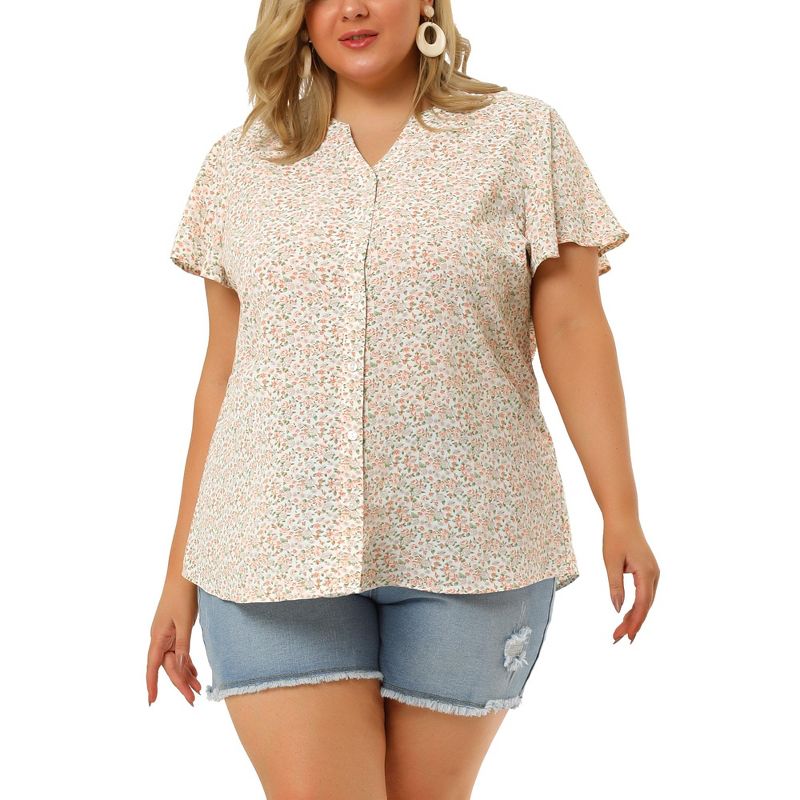 Agnes Orinda Women's Plus Size Floral Flare Short Sleeve Chiffon Button Down Shirts, 1 of 7
