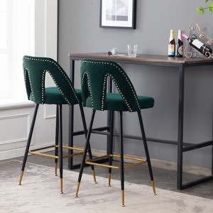 Velvet Bar Stools with Back Support and Footrest, Modern Upholstered Kitchen Island Chairs, Wide Wide Cushion Counter Stools for Bar Cafe, Set of 2 - 1 of 4