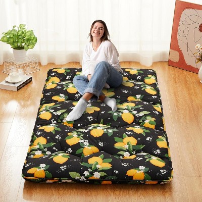 Nasitip Twin Japanese Futon Mattress,Foldable Floor Mattress with Modern Lemon Pattern, 1.5" Thicken Portable Roll Up Tatami Mat for Sleeping,Black