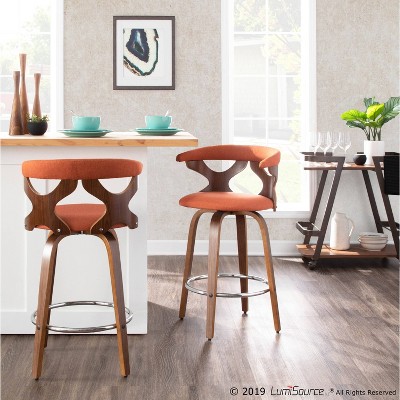 Walnut and Orange Swivel Counter Stool with Metal Frame