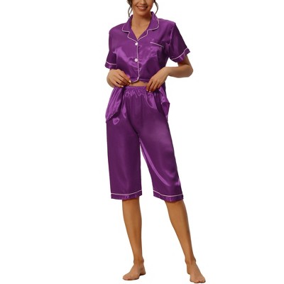 cheibear Women's Soft Satin Button Down with Capri Pants Lounge Pajama Set