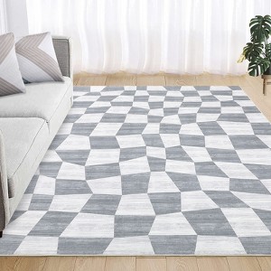 Washable Area Rugs 5x7 Rug for Living Room Checkered Rug Non Slip Grey Rug Plaid Modern Rugs for Bedroom Stain Resistant Soft Throw Rugs - 1 of 4