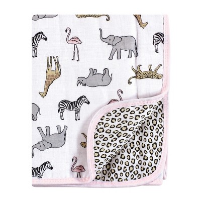 Hudson Baby Infant Girl Muslin Tranquility Quilt Blanket, Modern Pink Safari, One Size