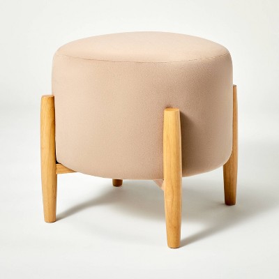 Elroy Round Velvet Ottoman with Light Brown Wooden Legs