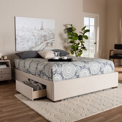 Contemporary King-Sized Walnut Wood Upholstered Bed Frame with Storage
