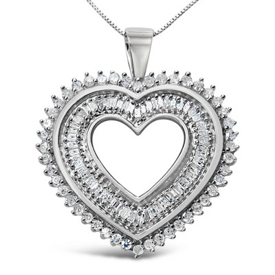 Haus of Brilliance Silver 1.0 Cttw Baguette and Round Diamond Heart Pendant Necklace