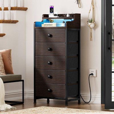 WOWLIVE 5 Drawer Dresser With 2-Tier Open Shelf, Dresser With Power Outlet & LED