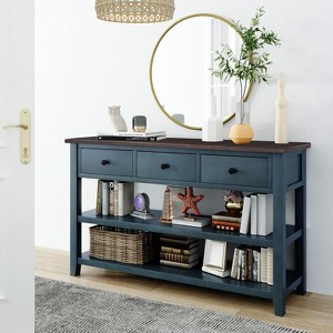 Mid-Century Modern Console Table with 3 Drawers & 2-Tier Shelf - Pine Wood Entryway Table for Living Room, Hallway, Kitchen - 1 of 4