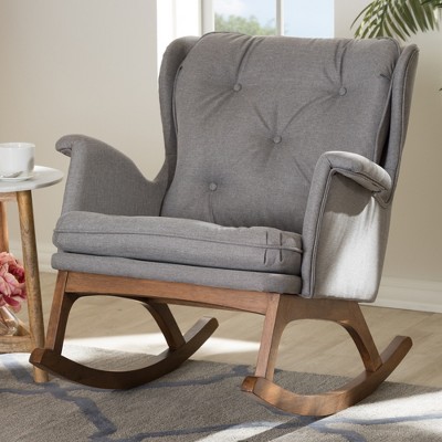 Mid-Century Modern Grey Fabric Rocking Chair with Walnut Finish