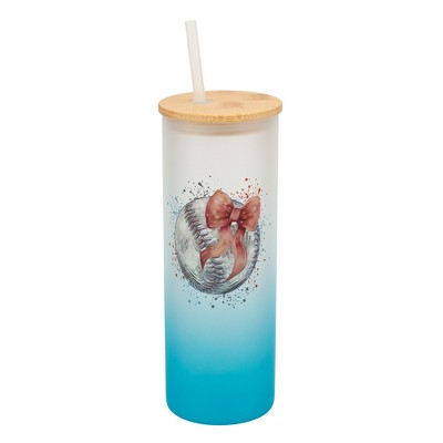 Elanze Designs 25 Ounce Frosted Glass Gradient Travel Tumbler With Straw and Wooden Lid, Baseball With Pink Bow
