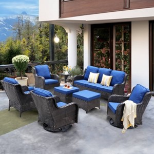 Ovios Orlando 8pc Brown Wicker Outdoor Patio Furniture Conversation Sofa Set with Swivel Chairs and Cushions - 1 of 4