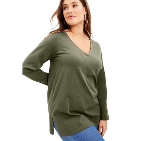 June + Vie by Roaman's Women's Plus Size Long-Sleeve V-Neck One + Only  Tunic, 26/28 - Dark Olive Green