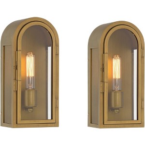Possini Euro Design Alys 13" High Industrial Outdoor Wall Light Fixture Mount Porch House Exterior Set of 2 Gold Aged Brass Finish Clear Glass Shade - 1 of 4