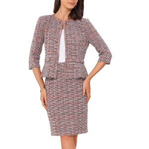 INSPIRE CHIC Women's Tweed Business Button Down 3/4 Sleeve Jacket Pencil Skirt Suit 2-Piece Set - 1 of 4