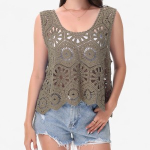 Anna-Kaci Women's Crochet Sleeveless Tank Top with Floral Open Knit Pattern and Scalloped Hem Detail - 1 of 4