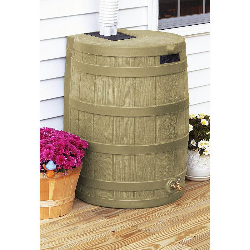 Good Ideas Rain Wizard 50 Gallon Plastic Outdoor Home Rain Barrel Water Storage Collector with Brass Spigot and Flat Back Design, Khaki, 2 of 7