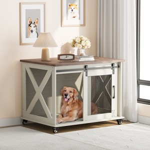 Classic Dog Crate End Table with Sliding Barn Door, Flip Top & Removable Divider – Indoor Pet House - 1 of 4