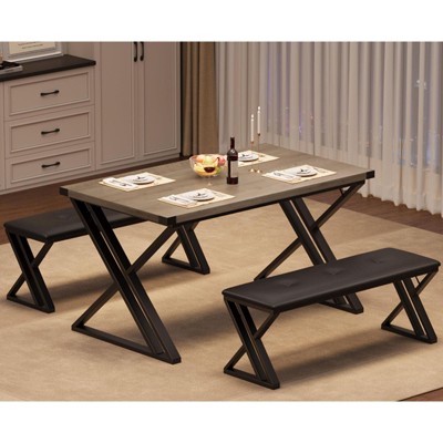 Dining Table with 2 Benches, Kitchen Table Set for 4, 3 Piece Dining Table Set for Small Space