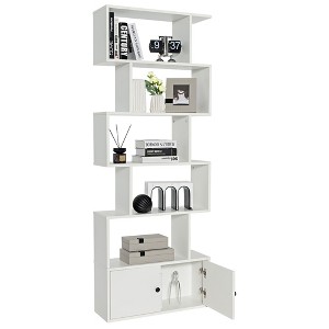 Costway Bookshelf with Cabinet 6-Tier S-Shaped Bookcase Storage Rack Rustic Brown/White/Black - 1 of 4