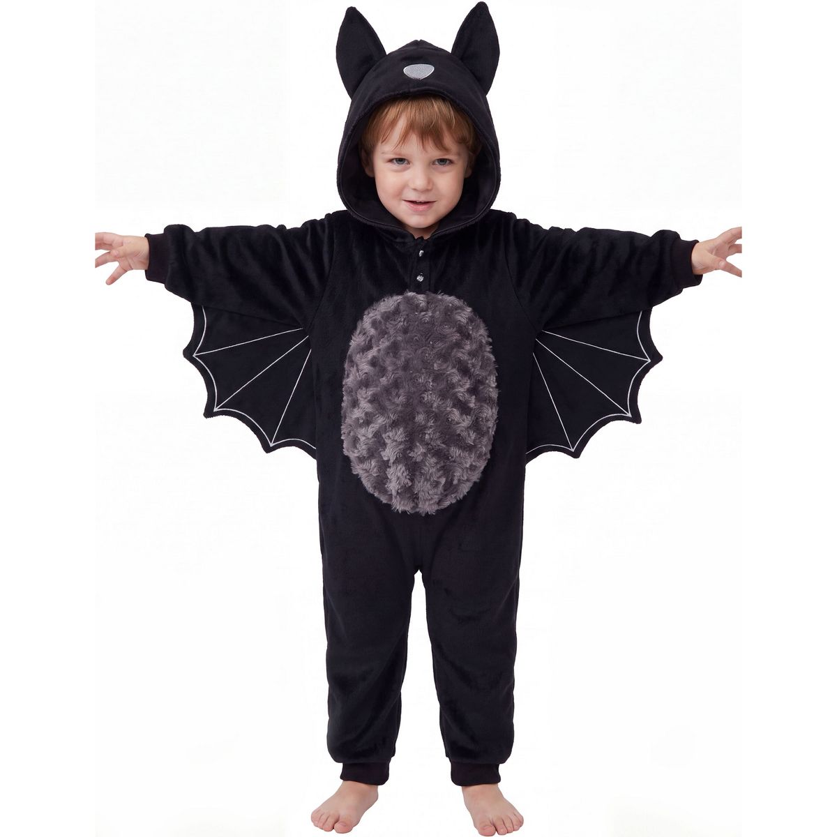Joyfy Baby Black Bat Halloween Costume, Toddler Hooded Jumpsuit with Wings & Furry Tummy Pajamas for Halloween Dress Up Parties