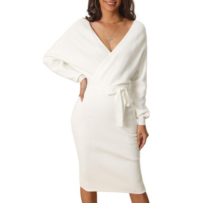 Seta T Women's Deep V Neck Wrap Batwing Sleeve Belted Bodycon Midi Sweater  Dress White Large : Target