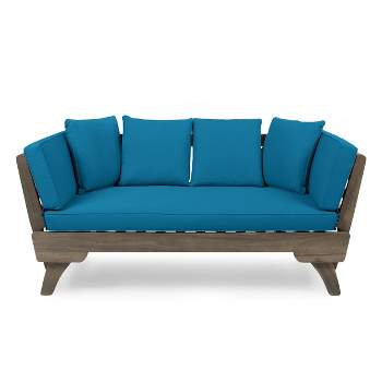 Ottavio Outdoor Acacia Wood Expandable Daybed with Cushions - Dark Teal/Gray - Christopher Knight Home